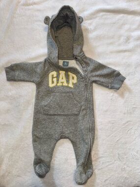GAP Gray Hooded cotton lined Baby One-Piece with Logo